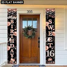2pcs 2D Flat Sweet 16 Birthday Door Hanging Banner, Rose Gold Polyester Happy Birthday Sign, No Power Needed, Suitable For Girls 16th Birthday Party Decor And Photo Props, Shiny Birthday Banner Crafted - Black - View 3