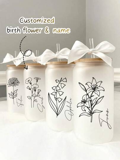 1pc/2pcs 17oz/500ml Personalized Birth Flower Glass Tumblers With Lid And Straw, Custom Coffee Cup,Bachelorette Cup,Iced Coffee Cup,Exquisite,Unique,Multi-Functional, Ornamental, Ideal Gifts For Friends, Family, Son, Daughter Students, Workers, For New Year, Eid Al-Adha Gift