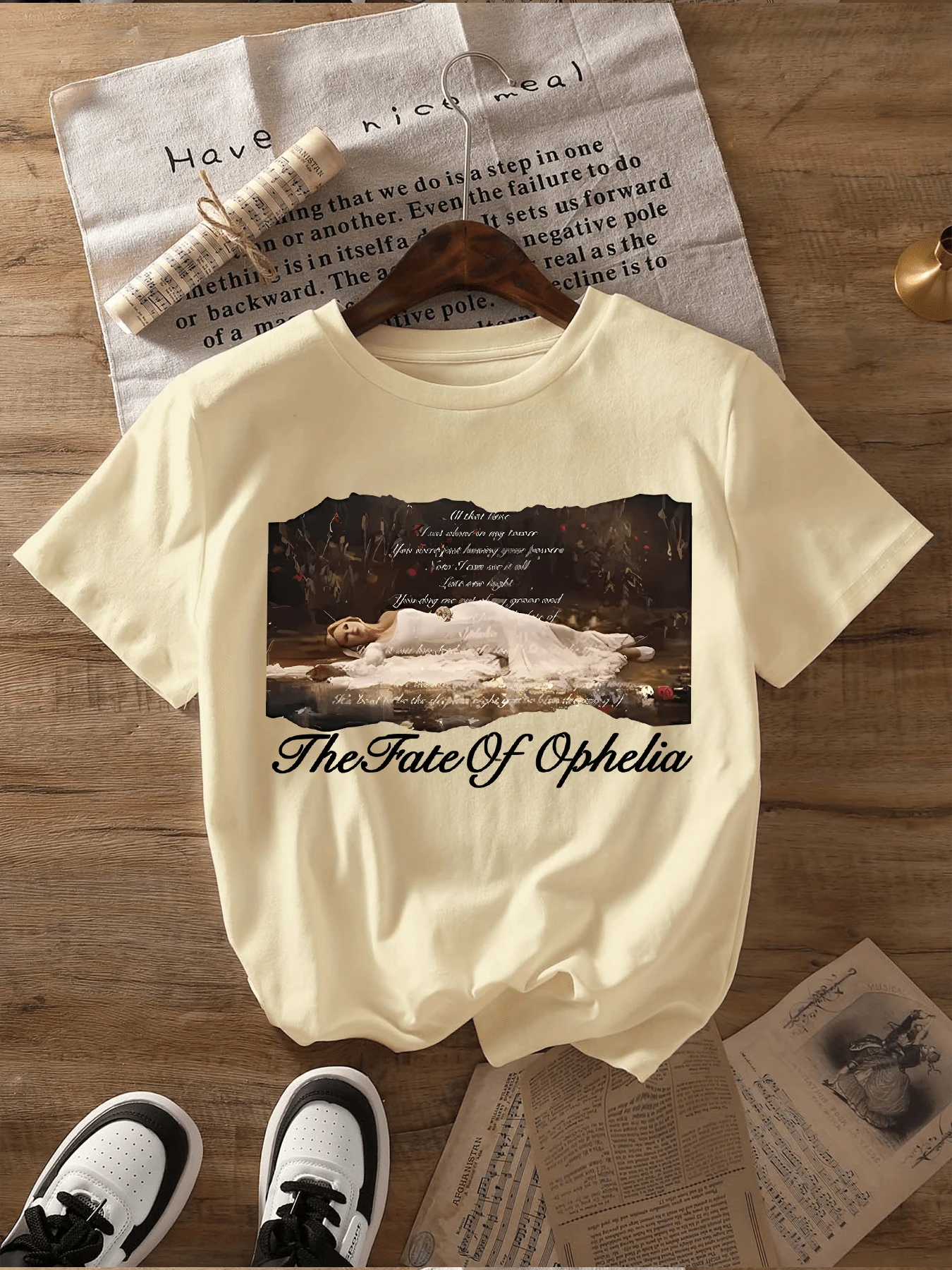 Ophelia's Fate Print Casual Crew Neck Short-Sleeved T-Shirt, Women's Summer Top - 杏色 - 查看 1