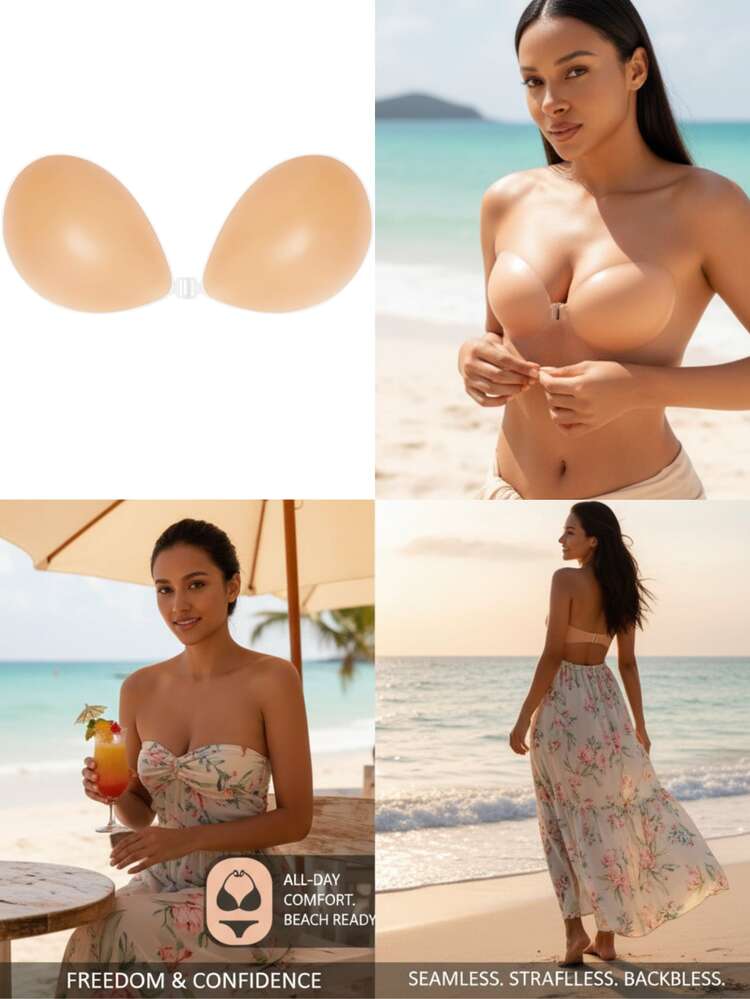 2件装可重复使用的无肩带聚拢文胸，配有无缝、隐形、自粘式乳贴。防滑无缝设计，适合各种场合。 - 杏色 - 查看 6