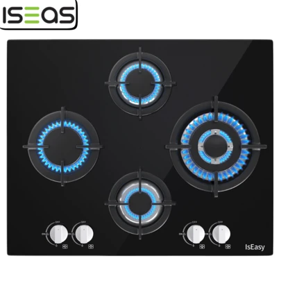 IsEasy Plaque Gaz 4 Feux, Plaque de Cuisson, Plaque Avec 4 Foyers, Cuisinière Encastrable, Gaz Naturel/Propane (4 Brûleurs)
