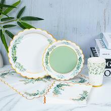 Green Leaf Trim Minimalist Disposable Plate, Napkin, Cup Set, Serves 8 Guests, Suitable For Birthday, Wedding, Theme Party, Family Picnic - Multicolor - View 3