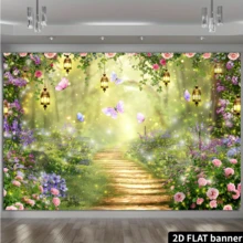 2D Flat Fantasy Jungle Backdrop Banner, Includes Green Jungle Foliage, Firefly Jars, Butterflies, Floral Path, No Power Needed, Suitable For Fairy Tale Parties, Indoor Bedroom, Outdoor Lawn, Can Be Used As Wall Decor Or Party Supplies, Fits Home