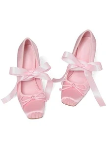 Women's Ballet High Heels Square Toe Mary Janes Lace Up Heels Elegant Ballerina Stiletto Heels Bow Decoration Party Dancing Shoes - 粉色 - 查看 8