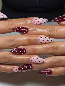 24pcs Medium Almond Shaped Nail Stickers, Available In Burgundy And Pink Colors With Patterns, Includes 1 Nail File And 1 Nail Glue Sticker. This Nail Sticker Set Is Suitable For Girls, Mothers And Women, Can Whiten Nails, And Has Removable False Nails, Suitable For Holidays, Parties, Dates And Daily Wear. - Multicolor - View 2