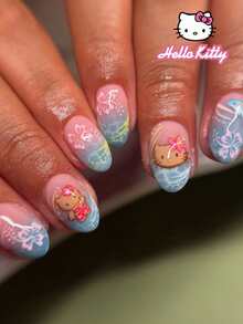 SANRIO 24片Y2K风格短椭圆3D法式尖头美甲贴纸，饰有花朵和波浪图案，粉色少女风，完美适配亚克力假指甲，包含1瓶胶水和1个指甲锉，适合女性日常及派对使用。 - 彩色 - 查看 2