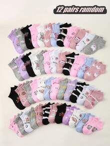 12 Pairs Girls' Cartoon Animal Print Socks, Cute Bear/Butterfly/Rabbit Patterns, Soft & Comfortable, Fashionable & Versatile For Daily Wear, Gifts, Travel, Assorted Colors & Styles - Multicolor - View 7