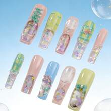 NailHaven 10Pcs Long Square Aquarium Press-On Nails - Pure Handmade Wearable Nails With 3D Bow Charms, Pearl Border Accents, Floating Glitter Details & Pastel Pink-Green Tones, Sweet Y2K Style, Perfect For Afternoon Tea, Casual Outings & Cute Theme Parties,Great Gift For Women & Girls - 彩色 - 查看 1