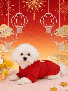 Pet Cat Dog Clothes Red Festive Chinese New Year Jacket Coat, Outerwear For Small Cats & Dogs - Red - View 1