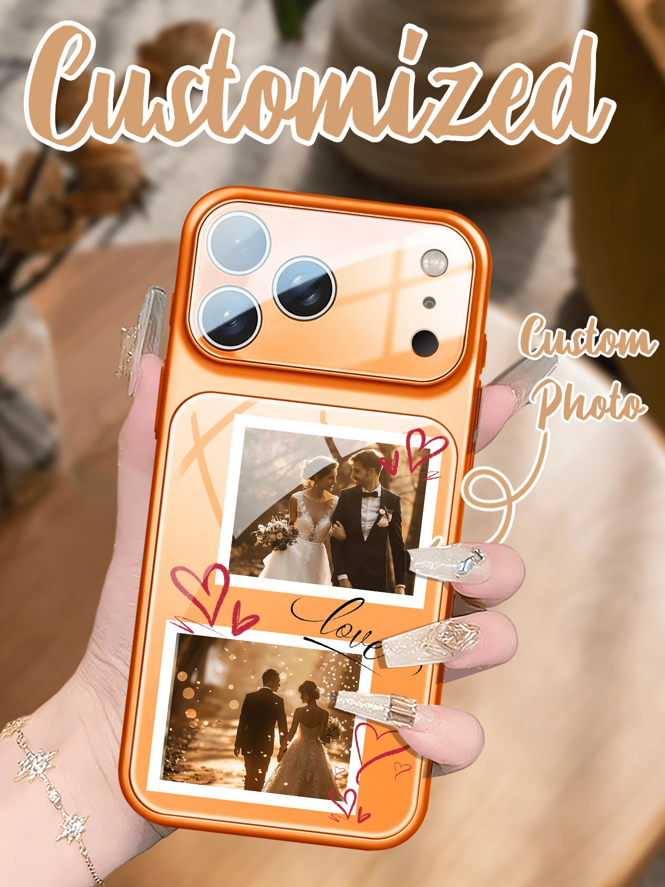 1 Husă de telefon personalizată de Ziua Îndrăgostiților, cu model de dragoste, cu fotografie personalizată de cuplu, din sticlă HD portocalie, inteligentă, all inclusive, compatibilă cu seria 17/Air/17pro/17promax/16/16pro/16plus/16promax/15/14/13, potrivită ca și cadou de Ziua Îndrăgostiților pentru el/ea