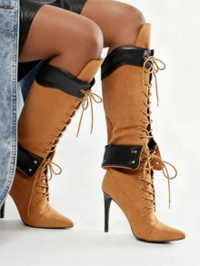 Y2K 风格奢华时尚女式过膝靴尖头蕾丝宽筒拉链细高跟鞋机车优雅派对靴女靴 - 棕色 - 查看 5