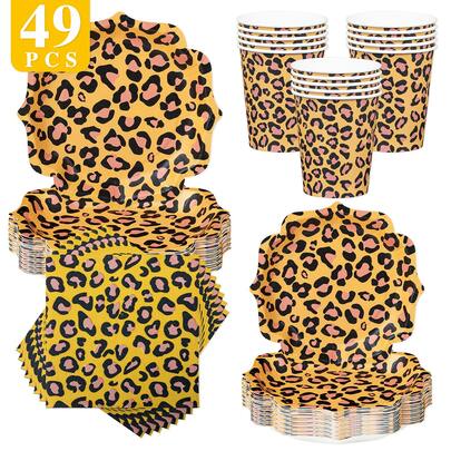 8pcs Leopard Print Floral Disposable Plate, Napkin And Cup Set, Includes Plates, Napkins And Cups, Suitable For 8 Guests, Disposable Paper Plates Party Supplies For Birthday, Wedding, Theme Party, Family Picnic