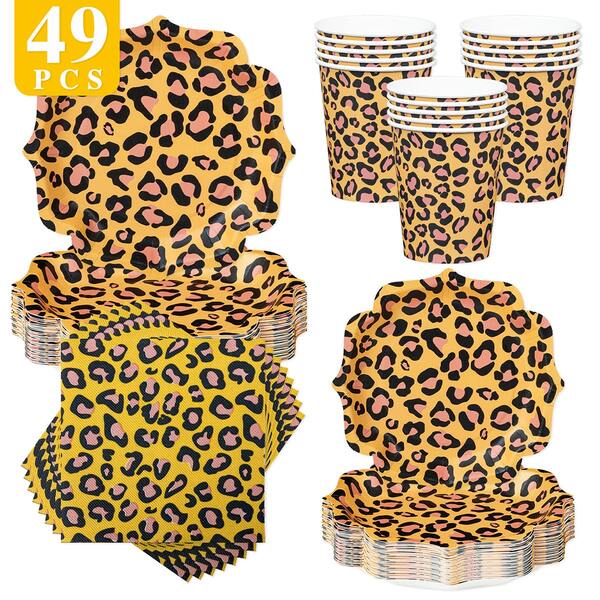 8pcs Leopard Print Floral Disposable Plate, Napkin And Cup Set, Includes Plates, Napkins And Cups, Suitable For 8 Guests, Disposable Paper Plates Party Supplies For Birthday, Wedding, Theme Party, Family Picnic