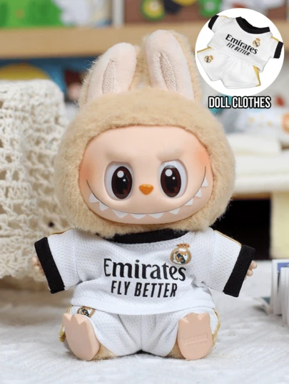 EMIRATES DOLL FOOTBALL OUTFIT, White Mesh Short Sleeve Top & Shorts, Black Trim Accents, Official Team Logo Embellishment, Miniature Soccer Uniform, Compatible With Plush Toys Similar Dolls, Kawaii Soccer Fan Collectible Merch, Doll Display Accessory, Soft Breathable Fabric, Sturdy Stitching, Collector's Gift For Boys/Girls/Teens, Perfect Christmas/Birthday Present For Sports Enthusiasts