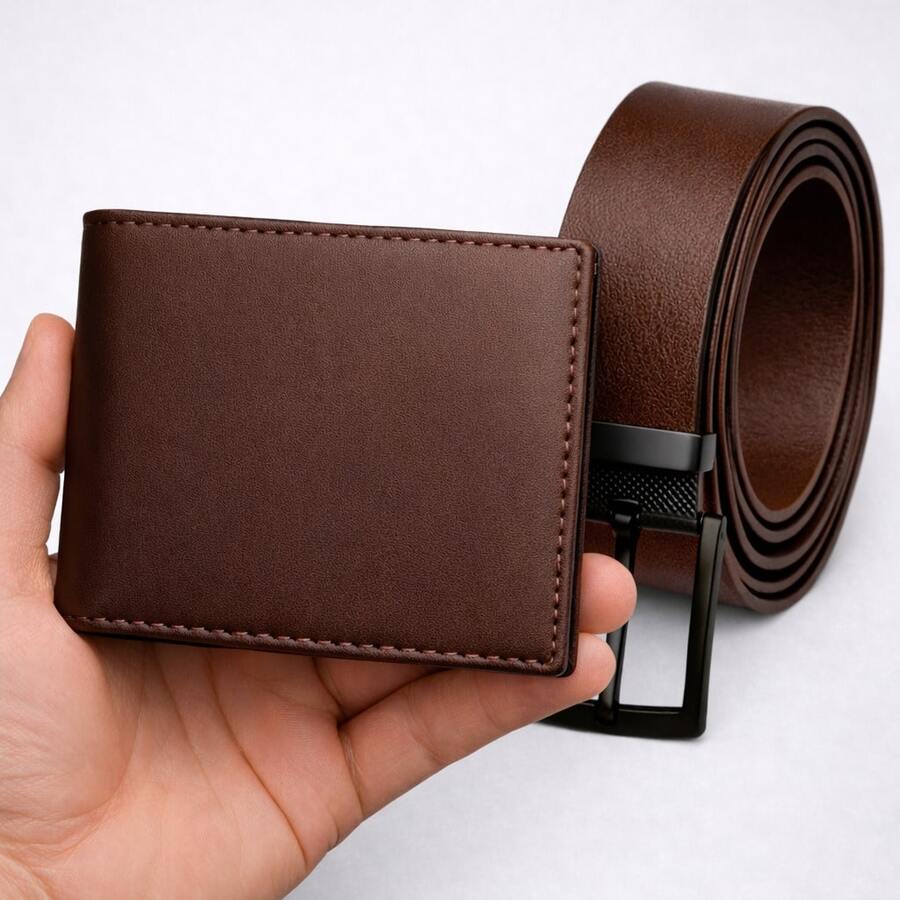 Men's Belt And Wallet With Smooth Card Holder In Synthetic Leather, Black Or Brown, Compact Launch Kit - Rust Brown - View 1