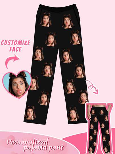 Customized Men's Pajama Pants, Able To Print Interesting Photos, Facial Custom Printed Patterns, Comfortable Fabric For Men's Casual Loungewear, Fun Sleepwear, Colorful, Cute And Charming, Minimalist And Fashionable, Personalized And Unique, Customizable Couple Big Head Or Pet Face Printed Casual Pajama Pants