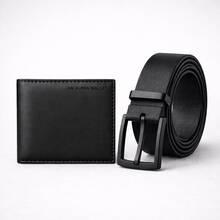 Men's Belt And Plain Card Holder Wallet In Synthetic Leather, Black Kit, Compact Launch - Black - View 3