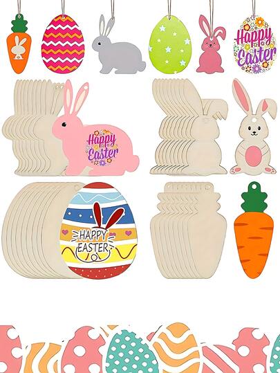 8件套复活节彩蛋、兔子和胡萝卜木制工艺品 | 木制挂饰，空白木片可用于涂鸦装饰，手工装饰画，复活节礼物，复活节装饰品，创意手绘或节日挂饰