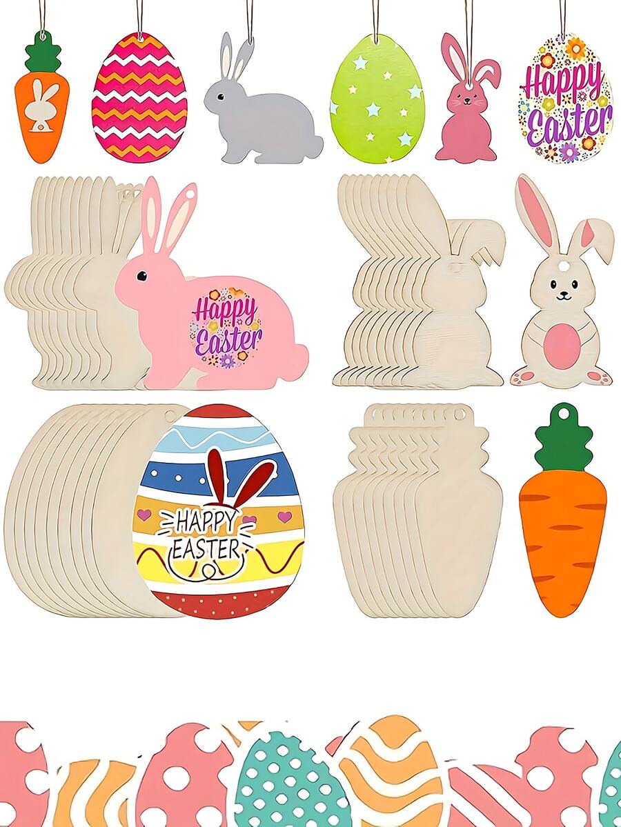 8件套复活节彩蛋、兔子和胡萝卜木制工艺品 | 木制挂饰，空白木片可用于涂鸦装饰，手工装饰画，复活节礼物，复活节装饰品，创意手绘或节日挂饰 - 彩色 - 查看 1