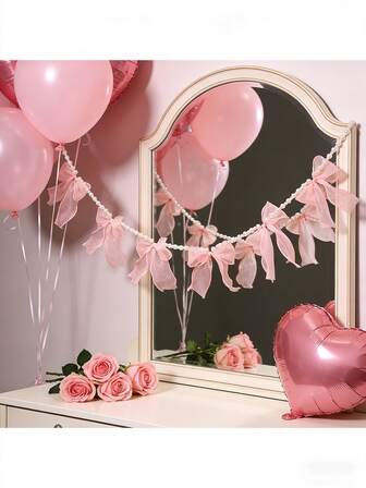 1Pc Pink Pearl Ribbon Garland, Sheer Bow Hanging Decoration For Spring, Wedding, Baby Shower, Mother's Day, Romantic Home Decor,Halloween Decoration,Fireplace Decoration