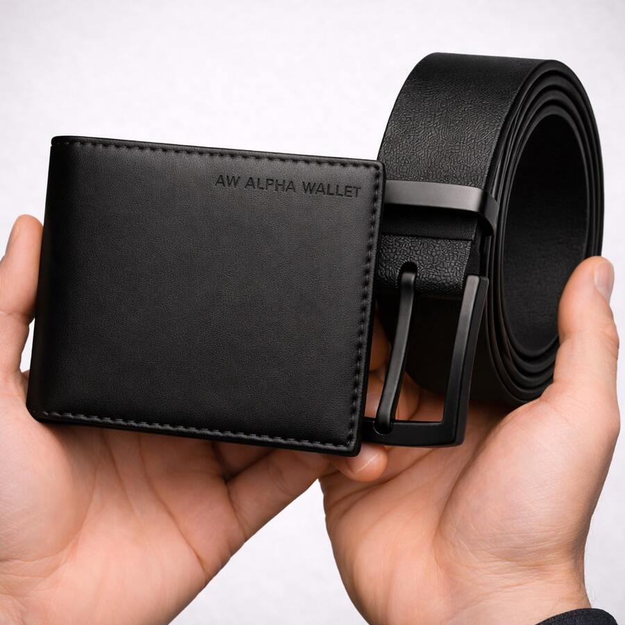 Men's Belt And Plain Card Holder Wallet In Synthetic Leather, Black Kit, Compact Launch - Black - View 1