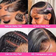 黑色直发混纺真人发假发，女士款 - 13x4 预剪蕾丝前假发，无需粘合剂，200% 密度，漂白发结，隐形贴合，宛如真皮，日常佩戴舒适自然 - 自然色&黑色系 - 查看 4