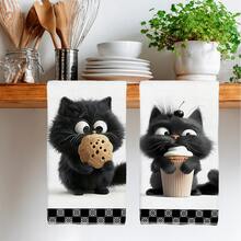 2 piezas Toallas de cocina con patrón minimalista y lindo de gato negro comiendo galletas, de material suave de poliéster, adecuadas para decoración de cocina, limpieza de cocina, decoración de fiesta festiva, artículos esenciales de cocina y baño, decoración del hogar, regalo de inauguración de casa - Multicolor - Ver 2