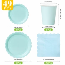 一套浅蓝色一次性餐盘、餐巾纸和杯子，可供8位客人使用，适合生日、婚礼、主题派对、家庭野餐等场合。 - 彩色 - 查看 2