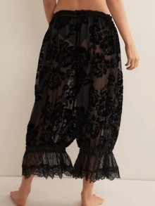 Giufajk Womens Sheer Burgundy Pants Floral Velvet Pattern Lace Trim Hems Low Rise Bell Bottom Pants For Women Comfortable Stylish Summer Flared Pants For Women Casual Loose Fit - 黑色 - 查看 5