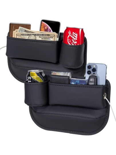 2pcs/1pc Car Seat Gap Filler Storage Bag, Car Organizer Pouch, Car Seat Crevice Pocket, Front Seat Leather Material With Cup Holder, Suitable For Phone, Wallet, Fashion Glasses, Cards, Keys (Driver/Passenger Version)