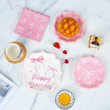 Pink Bow Birthday Petal Shaped Disposable Plate, Napkin, Cup Set, Plates, Napkins And Cups Party Supplies, Serves 8 Guests, Disposable Paper Plates Party Tableware Suitable For Birthday, Wedding, Theme Party, Family Picnic - Multicolor - View 4