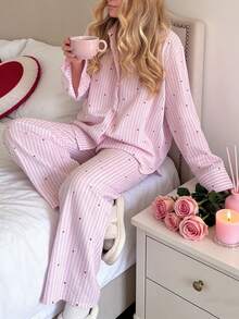 Women's Day Long Sleeve Pajama Set - Pink Stripe & Tiny Heart Print Oversized PJs, Lightweight Cotton Loungewear - Hồng - Xem 1