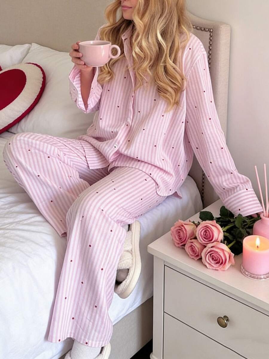 Women's Day Long Sleeve Pajama Set - Pink Stripe & Tiny Heart Print Oversized PJs, Lightweight Cotton Loungewear - Hồng - Xem 1