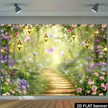 2D Flat Fantasy Jungle Backdrop Banner, Includes Green Jungle Foliage, Firefly Jars, Butterflies, Floral Path, No Power Needed, Suitable For Fairy Tale Parties, Indoor Bedroom, Outdoor Lawn, Can Be Used As Wall Decor Or Party Supplies, Fits Home