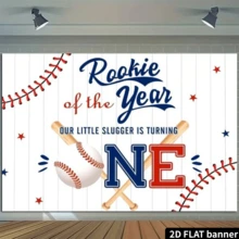 2D Flat 1pc Baseball Theme 1st Birthday Party Backdrop - Best Rookie Design Of The Year, Blue & Red Wooden Batter, For Celebration Events, Multipurpose Decor, Holiday Gift, Polyester Material, No Power Required - White - View 5