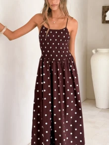 White Brown Polka Dot Maxi Dress For Women Spaghetti Strap Square Neck Smocked Waist Flowy Long Dress Summer Casual Beach Vacation Fashion Dress - 咖啡 - 查看 4