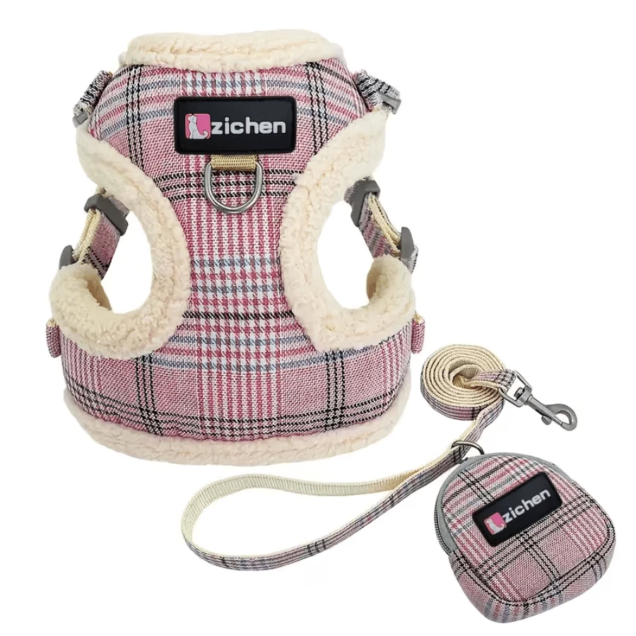 3pcs/Set Winter Warm Dog Harness And Leash Set, Adjustable With Treat Pouch, Classic Plaid Fabric, Suitable For Small Dogs - Pink - View 1