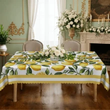 1pc/36pcs Lemon & Floral Pattern Wrinkle-Resistant Tablecloth, Embossed Edge, Rectangular/Round, Multiple Sizes, Polyester Fabric, Indoor Dining/Outdoor Party - Yellow - View 6