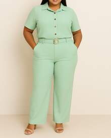 Plus Size Women's 2-Piece Fashion Casual Elegant Set With Cropped Shirt And Wide-Leg Pants With Built-In Belt. Fabric: Split Button. Summer And Winter. - 青檸色 - 查看 1