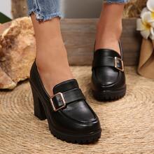 Women's Solid Color High Heel Pumps, Chunky Heel, Black Non-Slip Comfortable, Suitable For Daily Commute, Party And Formal Occasions - 985-3 (Black) - View 6