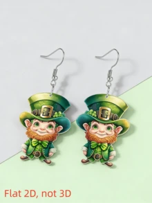 2D圣帕特里克节吊坠耳环，四叶草元素，扁平亚克力耳环，时尚轻盈，适合日常佩戴和节日佩戴，节日礼物 - 三葉草卡通人 - 查看 3