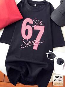 棉质数字67图案短袖中长款T恤，时尚休闲女式上衣 - 黑色 - 查看 2