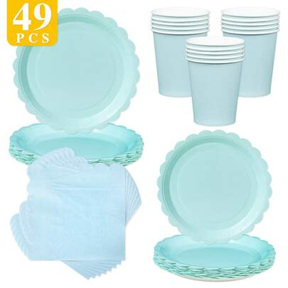 1 Set Of Light Blue Disposable Plates, Napkins And Cups, Serves 8 Guests, Suitable For Birthday, Wedding, Theme Party, Family Picnic