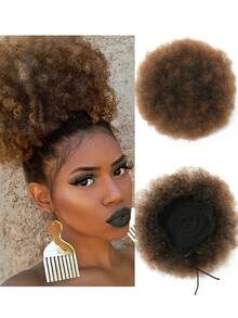 Perucă sintetică creț Afro, cu coadă de cal, cu extensii, fibră de înaltă temperatură, cu onduleuri scurte, cu șnur, Afro Puff, pentru femei, folosită zilnic, pentru petreceri, cosplay și cadouri de Anul Nou, negru, cafea, maro, roz, albastru, colorat, păr - Multicolor - Vizualizare 8