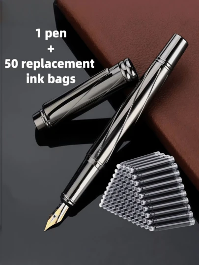 51件套（1支圆珠笔+50支笔芯），55克重型金属商务笔，手感坚固，0.5毫米笔尖，适合日常书写、办公、商务签字、节日礼品