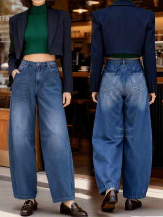 Women's Casual Carrot Tapered Jeans, With Zipper, Button Pockets, Long Length, Medium Stretch Fabric