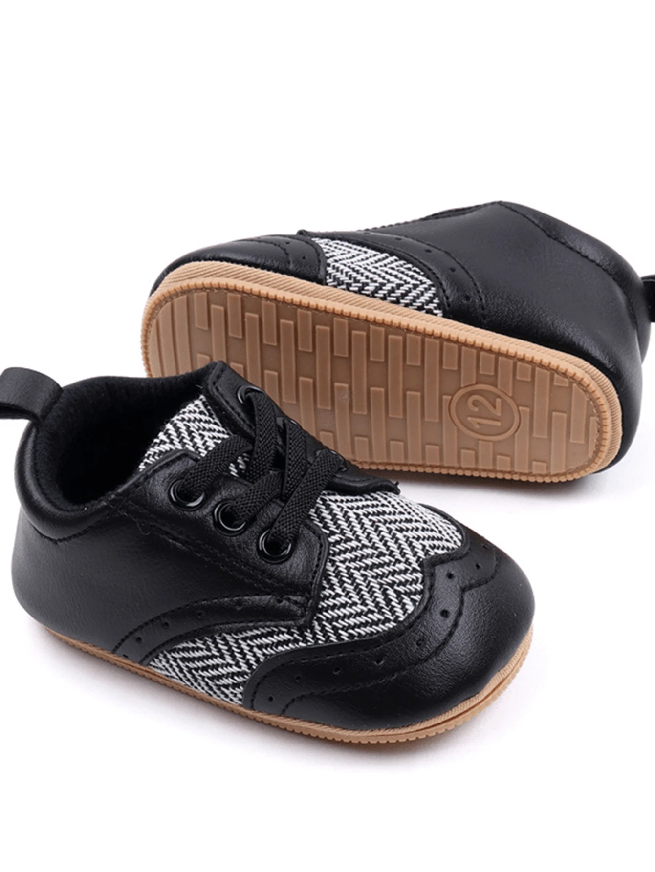 Toddler Boy PU Walking Shoes Patchwork Casual Baby Flats Breathable Infant Crib Shoes For Newborn - 黑色 - 查看 1