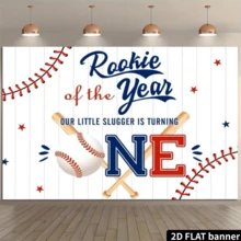 2D Flat 1pc Baseball Theme 1st Birthday Party Backdrop - Best Rookie Design Of The Year, Blue & Red Wooden Batter, For Celebration Events, Multipurpose Decor, Holiday Gift, Polyester Material, No Power Required - White - View 2