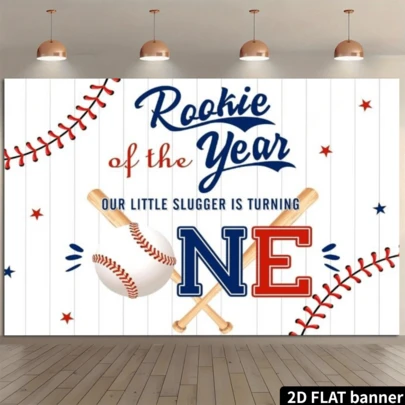 2D Flat 1pc Baseball Theme 1st Birthday Party Backdrop - Best Rookie Design Of The Year, Blue & Red Wooden Batter, For Celebration Events, Multipurpose Decor, Holiday Gift, Polyester Material, No Power Required