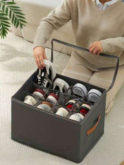 Caja de zapatos plegable de tela, con capacidad para hasta 12 o 16 pares de zapatos, caja de zapatos de tela de gran capacidad con tapa, divisores ajustables, cubierta transparente, impermeable y a prueba de polvo, almacenamiento plegable, diseño multifuncional todo en uno, adecuado para el hogar, la escuela, los armarios del dormitorio, a prueba de polvo y humedad, lavable a máquina, multiusos